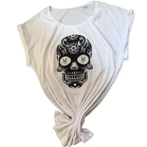 T-shirt blanc tête de mort noire pailletée pour femme