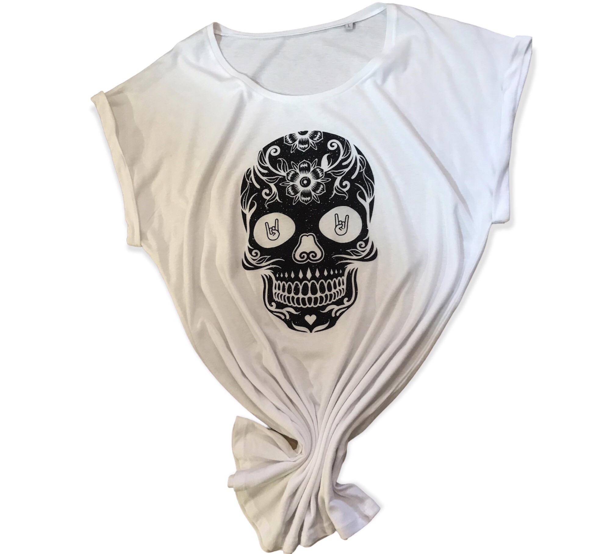 T-shirt blanc tête de mort noire pailletée pour femme – Image 2