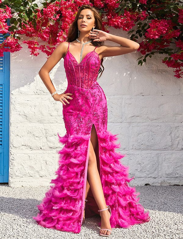 Robe De Bal De Fin D’année à Bretelles Spaghetti, Sirène Fuchsia, Avec Plumes – Image 7