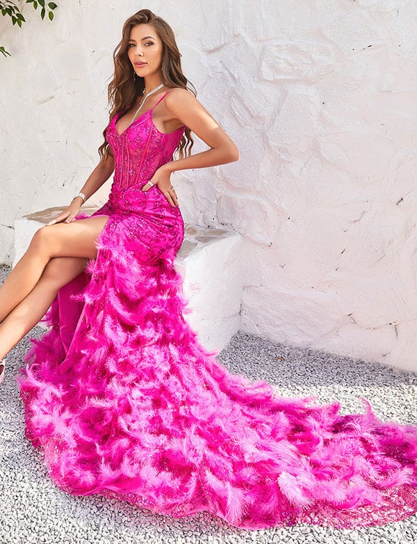 Robe De Bal De Fin D’année à Bretelles Spaghetti, Sirène Fuchsia, Avec Plumes – Image 8