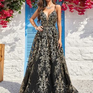 Robe De Bal Longue Noire à Bretelles Spaghetti Dorées