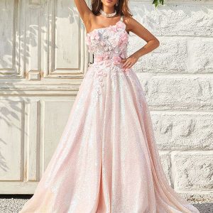 Robe De Bal Asymétrique à Appliques Blush Scintillantes
